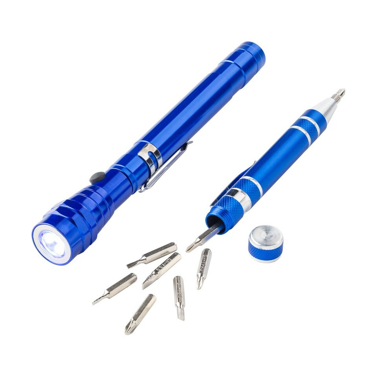 Zestaw narzędzi, śrubokręt, 8 końcówek, teleskopowa latarka 3 LED - niebieska V8763-11_AAA01