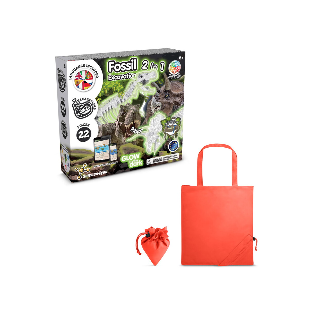 2 in 1 Fossil Excavation Kit V. Gra edukacyjna dostarczany ze składaną torbą prezentową 190T - Czerwona 35827_105