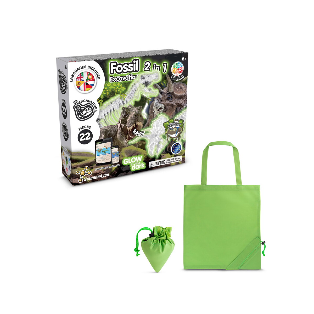 2 in 1 Fossil Excavation Kit V. Gra edukacyjna dostarczany ze składaną torbą prezentową 190T - Jasno zielona 35827_119