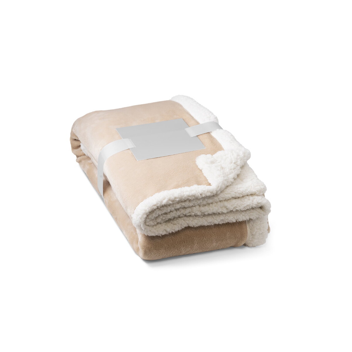HEIDEN. Dwustronny polarowy koc (190 g/m²) z satynową wstążką i etykietą do personalizacji - beżowy 99078_131