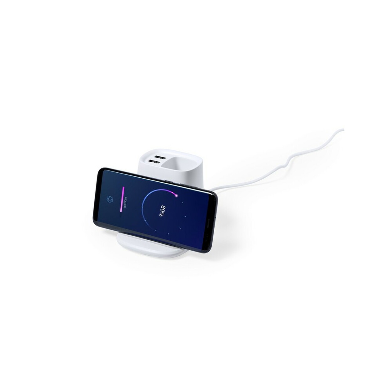 Ładowarka bezprzewodowa 5W, hub USB, pojemnik na przybory do pisania, stojak na telefon - biały V0145-02_AAA02