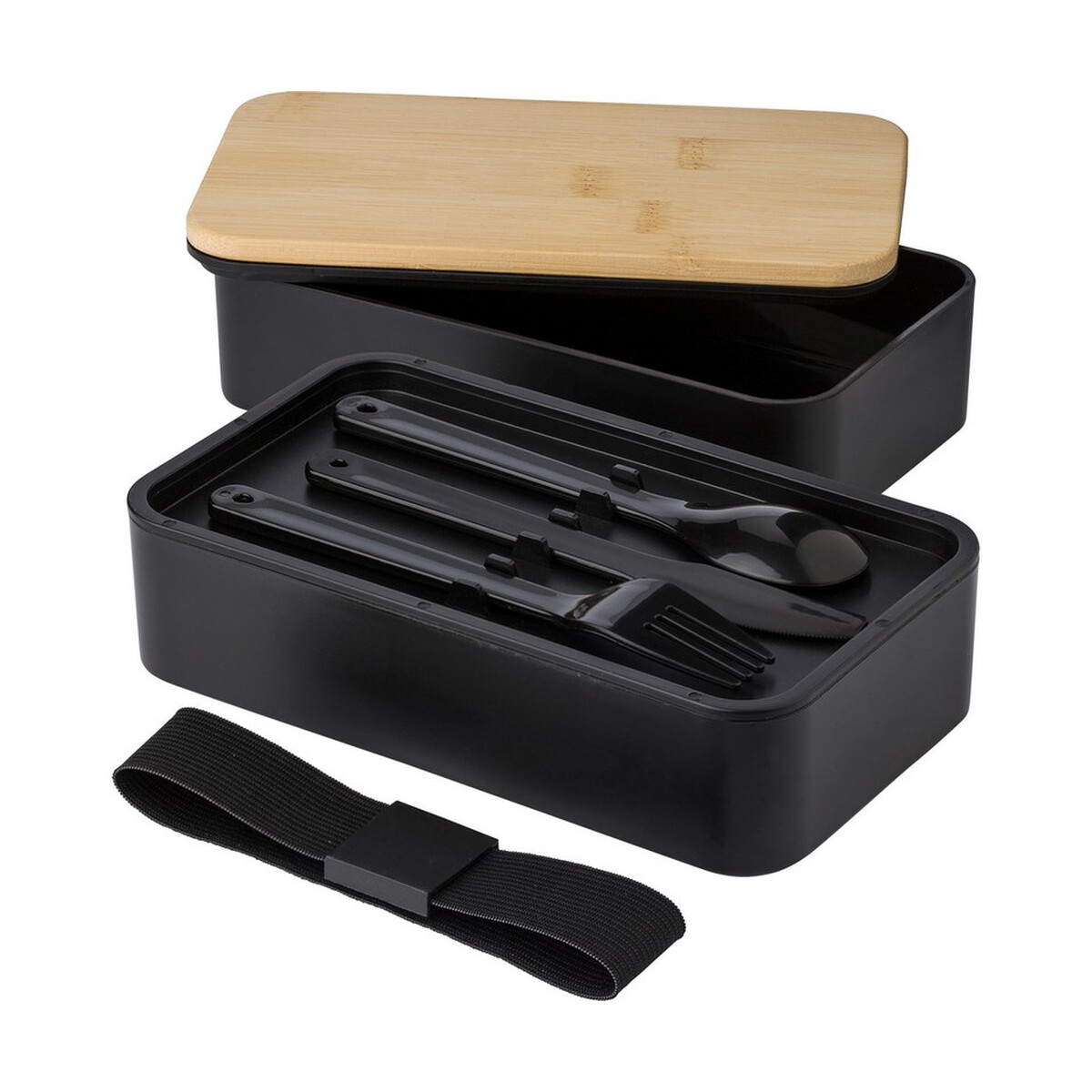 Pudełka śniadaniowe 2 w 1, 2x400 ml, bambusowe wieczko, sztućce - czarne V1215-03_AAA01