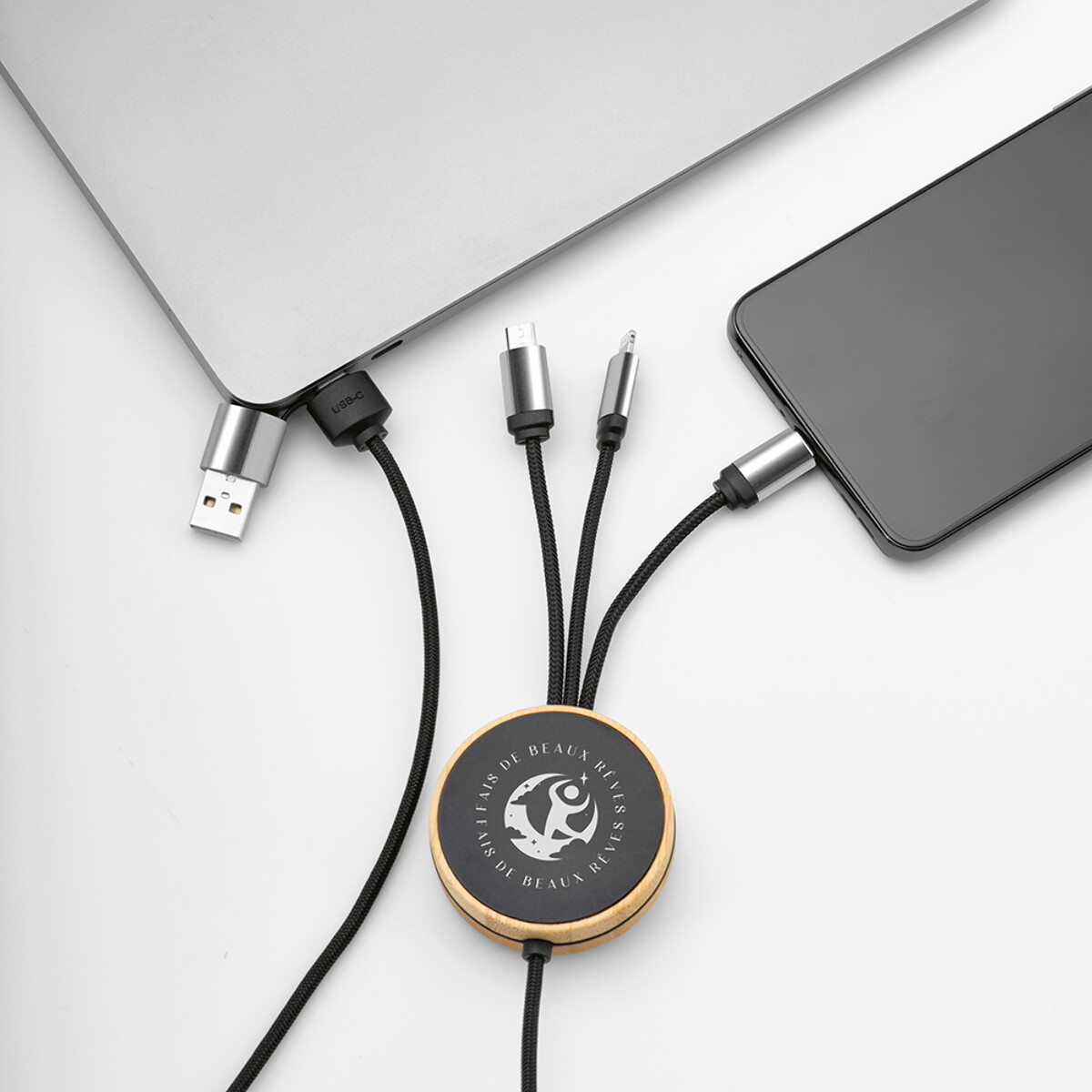 Kable USB z logo – kabel feynmana rpet 3 w 1 – czarny ACB004_103-logo Kabel Feynmana rPET 3 w 1 - czarny ACB004_103-logo