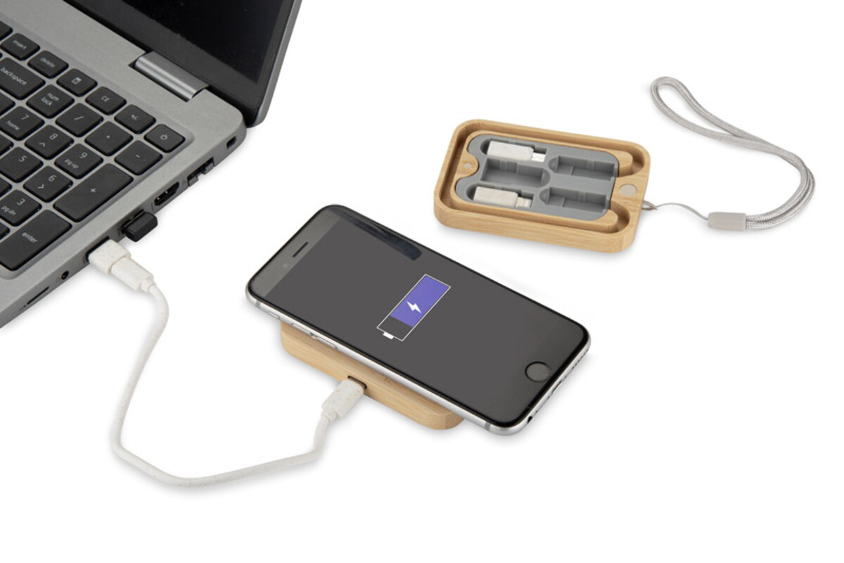 Kable USB z logo – zestaw kabli do ładowania z ładowarką indukcyjną bumo – beżowy 09185-17_f Zestaw kabli do ładowania z ładowarką indukcyjną BUMO - beżowy 09185-17_f