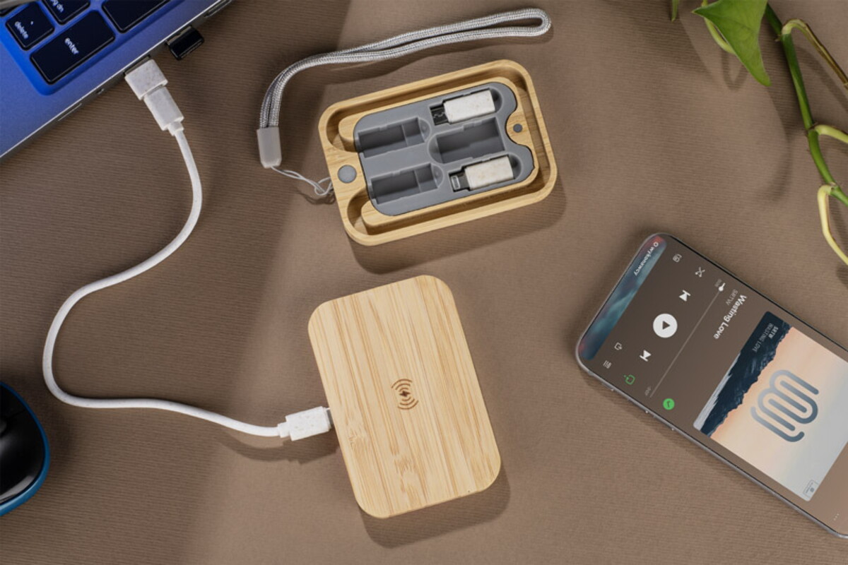 Kable USB z logo – zestaw kabli do ładowania z ładowarką indukcyjną bumo – beżowy 09185-17_m Zestaw kabli do ładowania z ładowarką indukcyjną BUMO - beżowy 09185-17_m