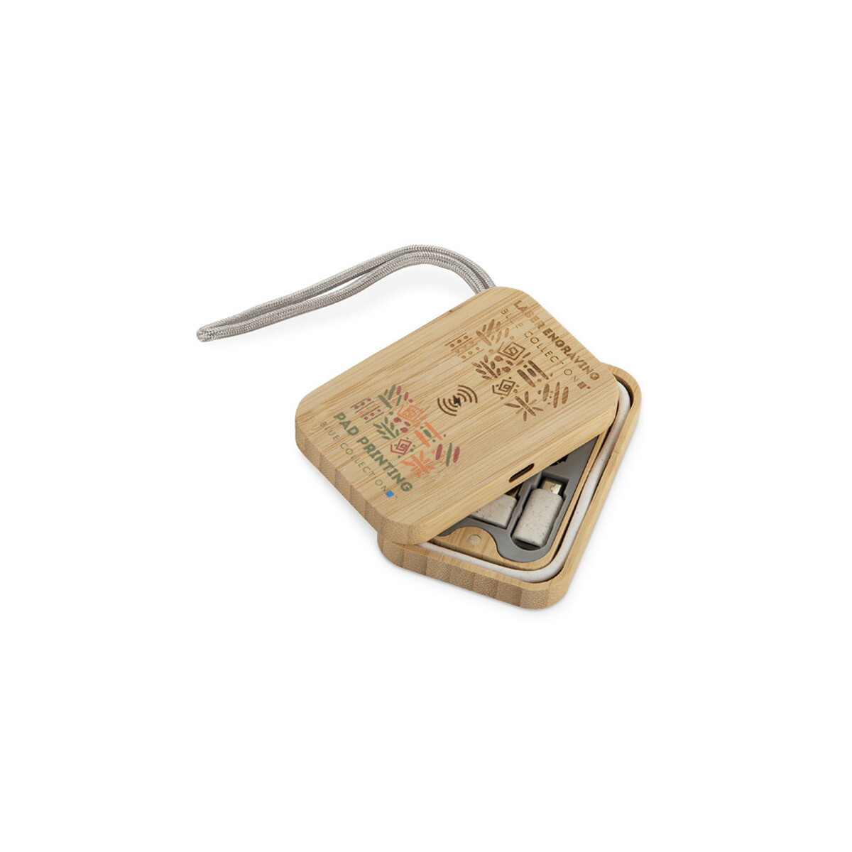 Kable USB z logo – zestaw kabli do ładowania z ładowarką indukcyjną bumo – beżowy 09185-17_zn Zestaw kabli do ładowania z ładowarką indukcyjną BUMO - beżowy 09185-17_zn