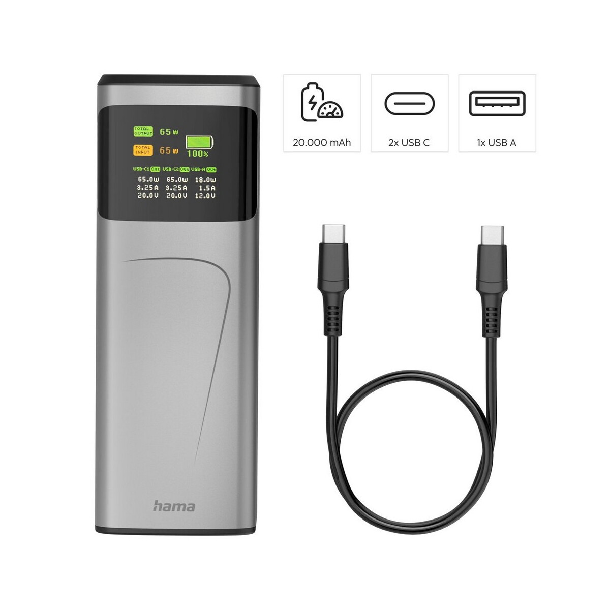 Powerbanki z logo – power bank 20000 mah hama high power 65w – grafitowy VH028-15_AAB01 Power bank 20000 mAh Hama High Power 65W - grafitowy VH028-15_AAB01