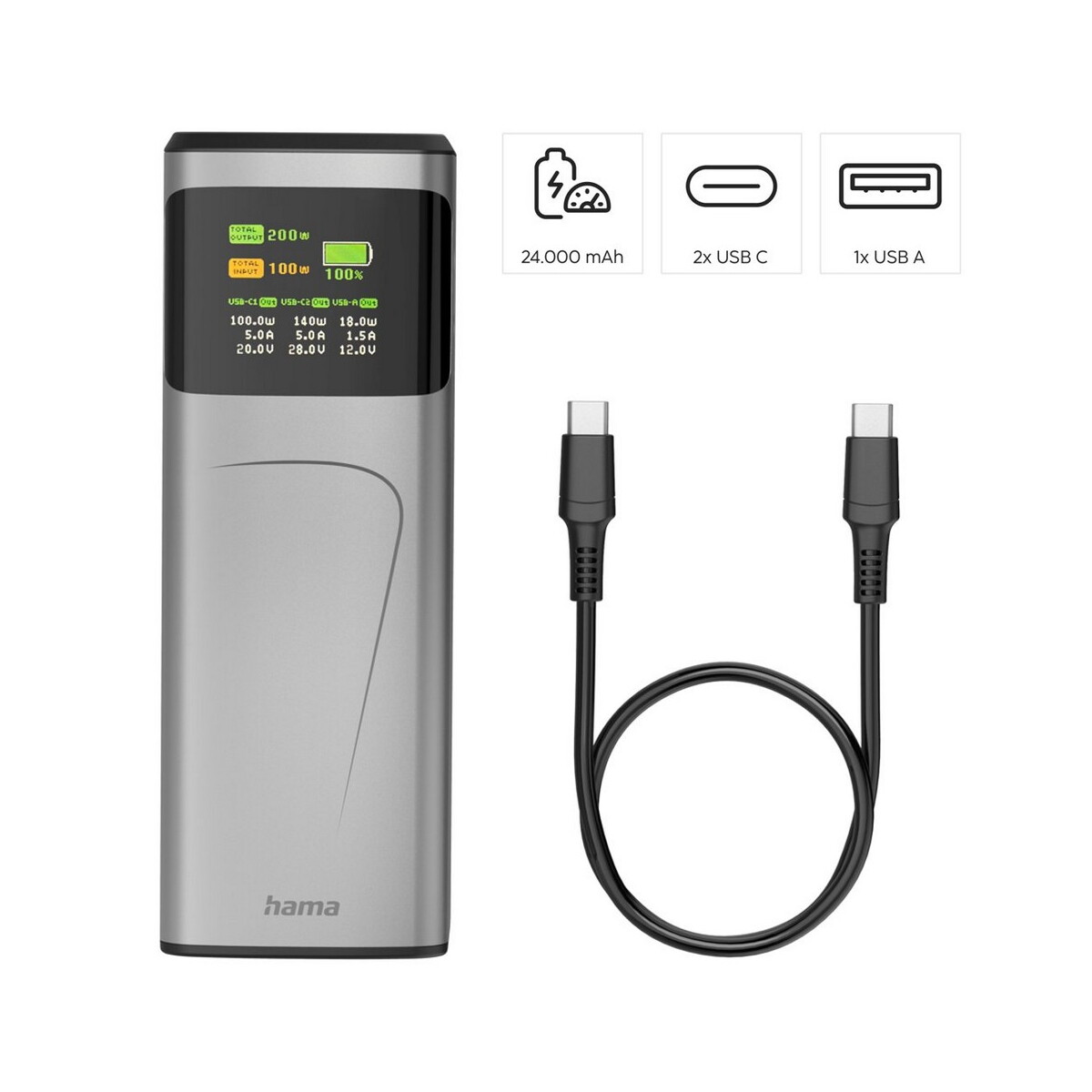 Powerbanki z logo – power bank 24000 mah hama high power 200w – grafitowy VH030-15_AAB01 Power bank 24000 mAh Hama High Power 200W - grafitowy VH030-15_AAB01