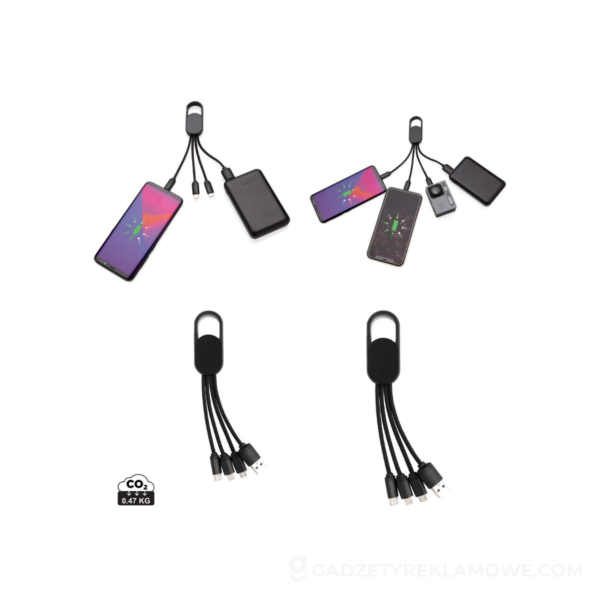 Kabel do ładowania 4 w 1 z karabińczykiem - czarny