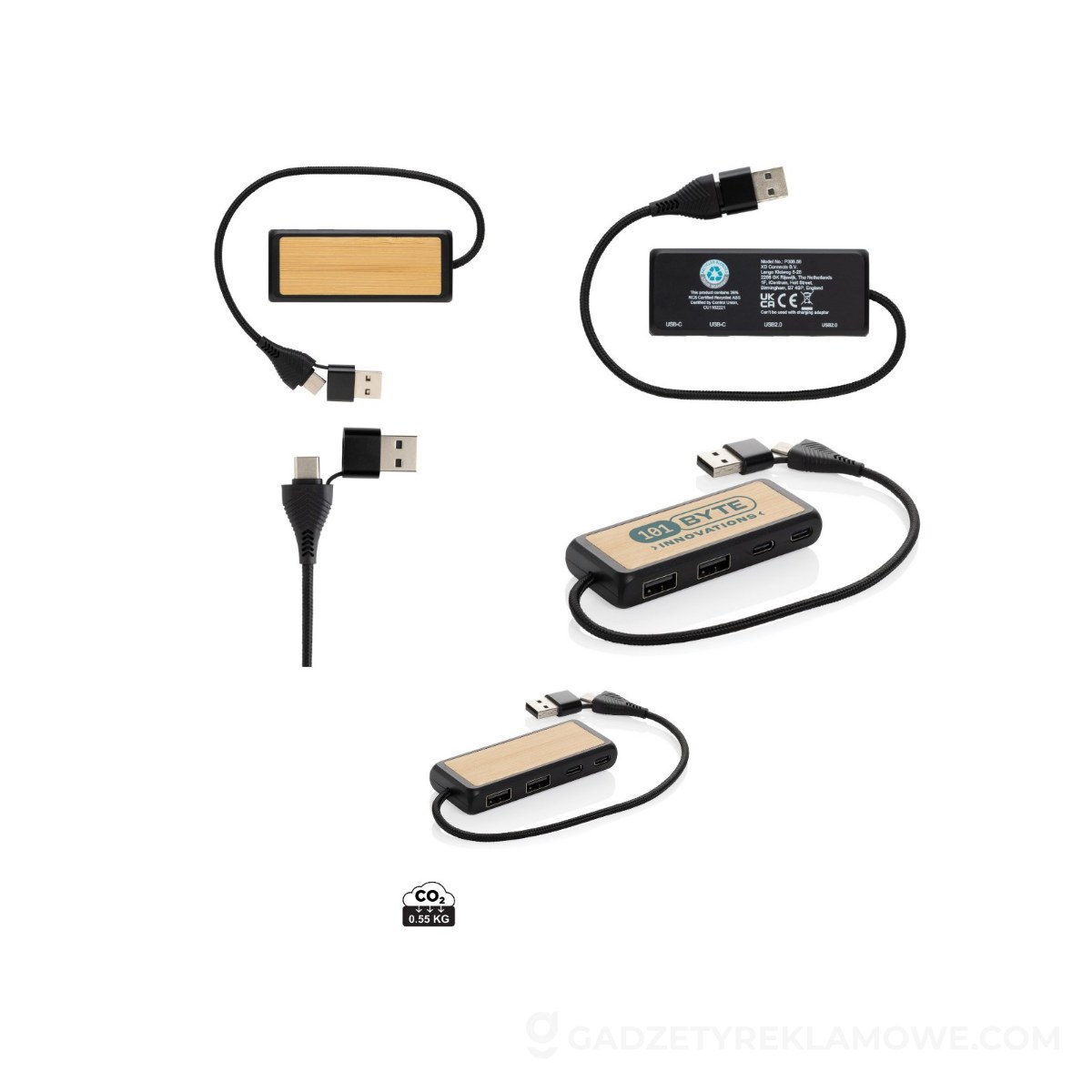 Hub USB, plastik z recyklingu - czarny