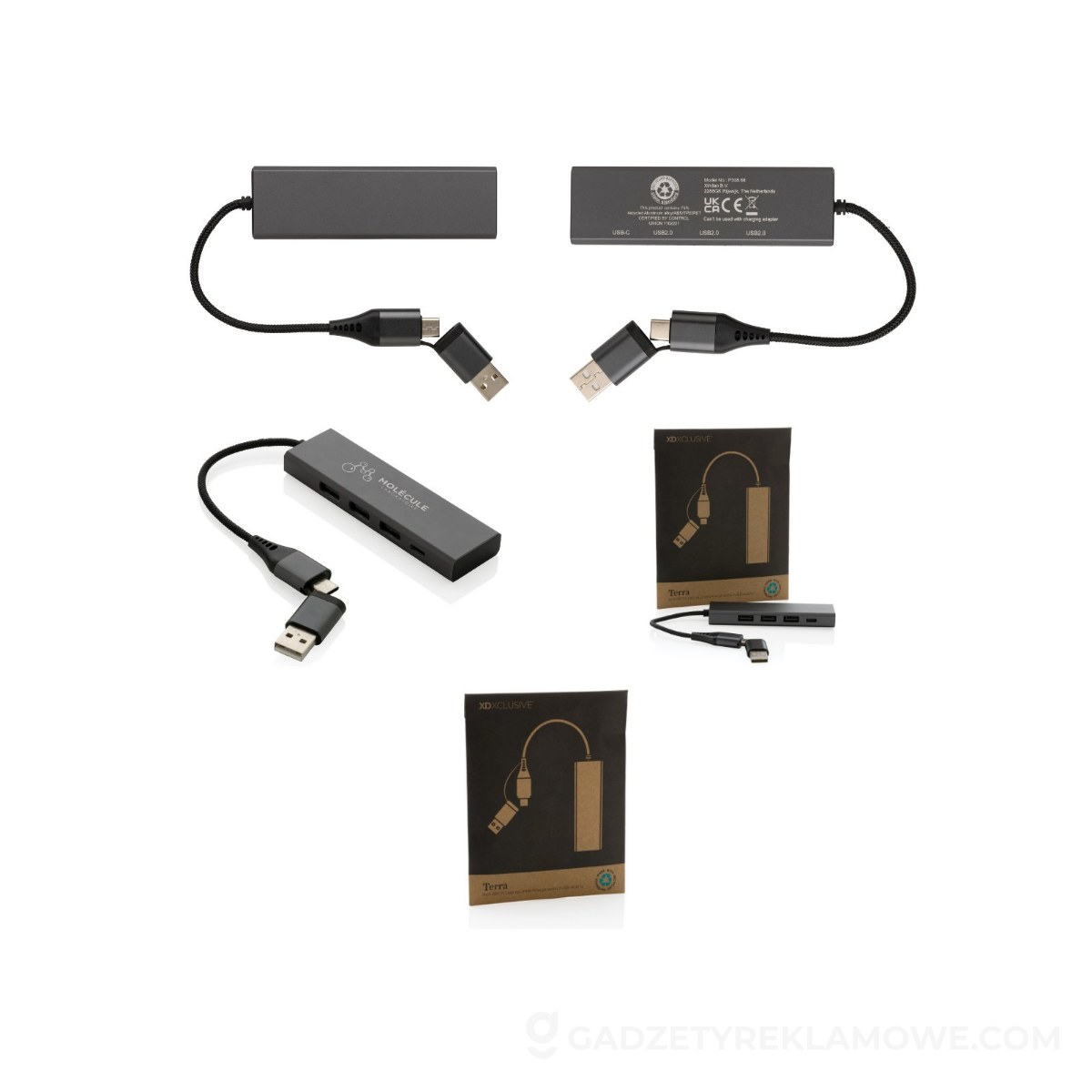 Hub USB 2.0 z USB C, aluminium z recyklingu - szare