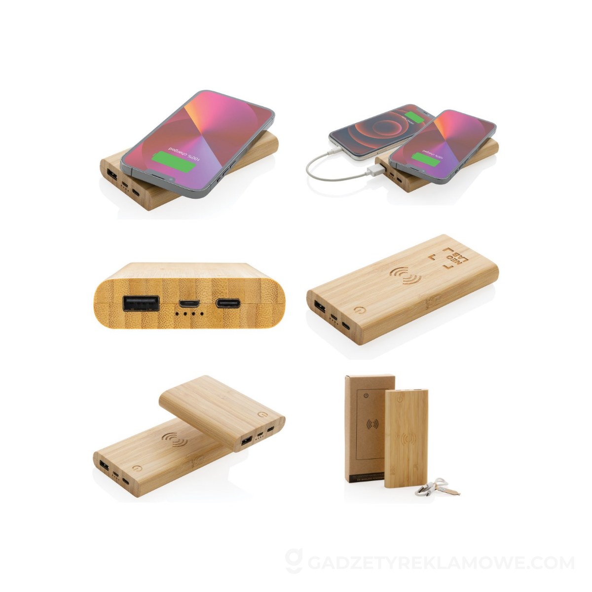 Bambusowy, bezprzewodowy power bank 8000 mAh, ładowarka bezprzewodowa 5W - brązowy