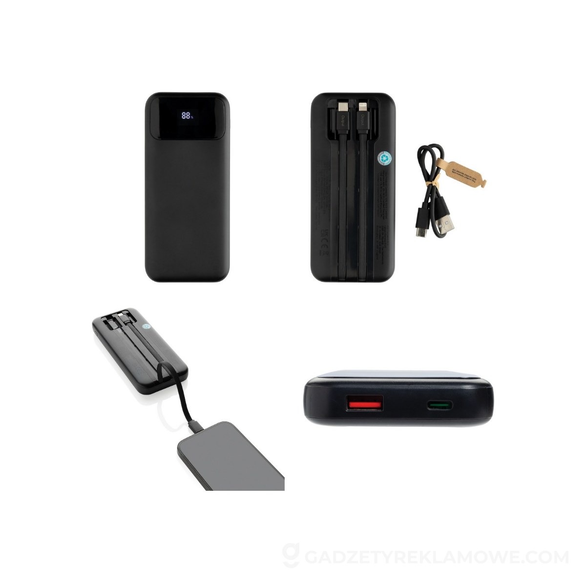 Męskie gadżety reklamowe – 5 reklamowych hitów, które robią wrażenie 3 Power bank 10000 mAh ze zintegrowanymi kablami Turbopack - czarny