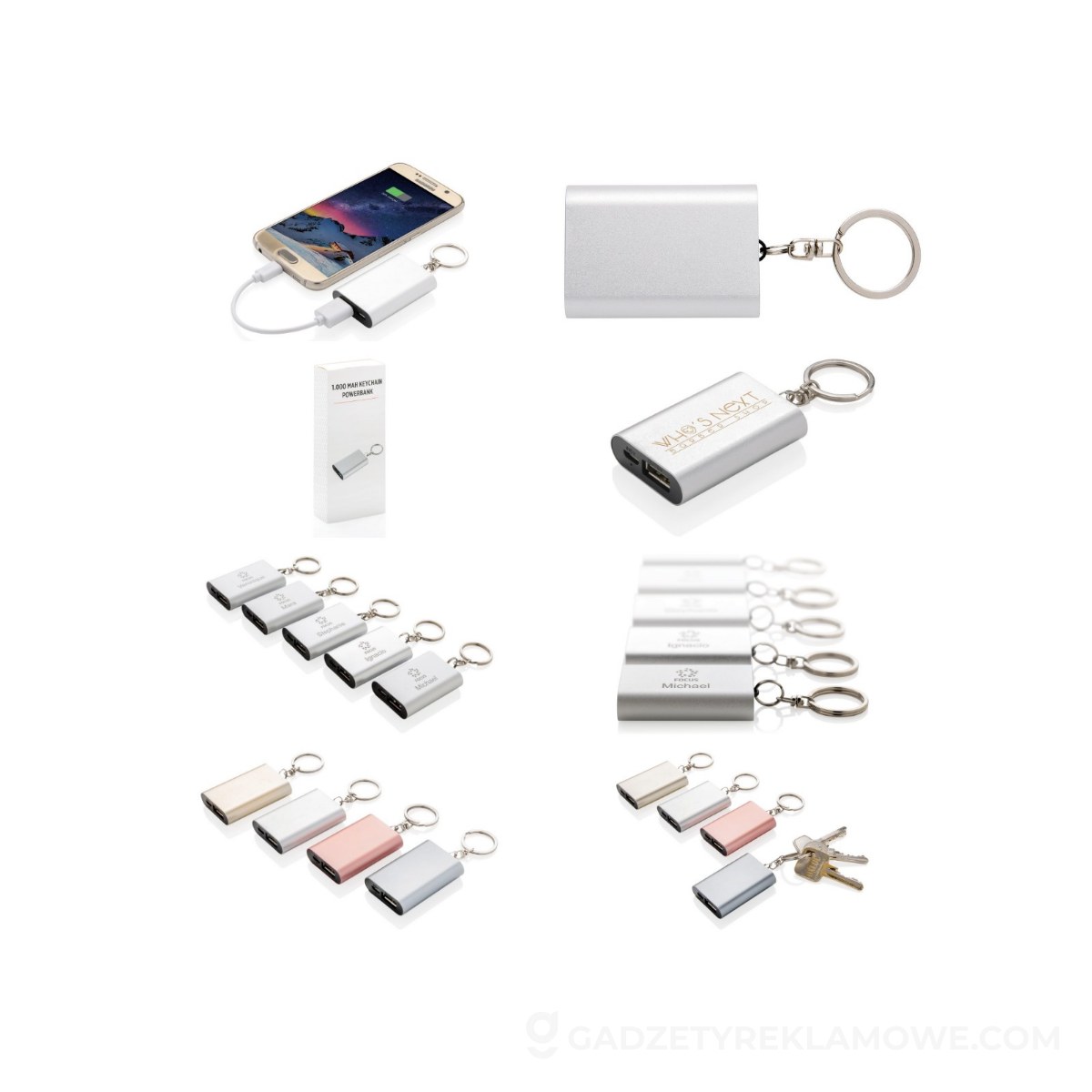 Power bank 1000 mAh, brelok do kluczy - srebrny
