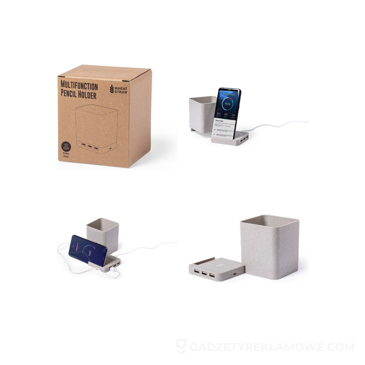 Ładowarka bezprzewodowa 5W ze słomy pszenicznej, hub USB 2.0, pojemnik na przybory do pisania, stojak na telefon - neutralna
