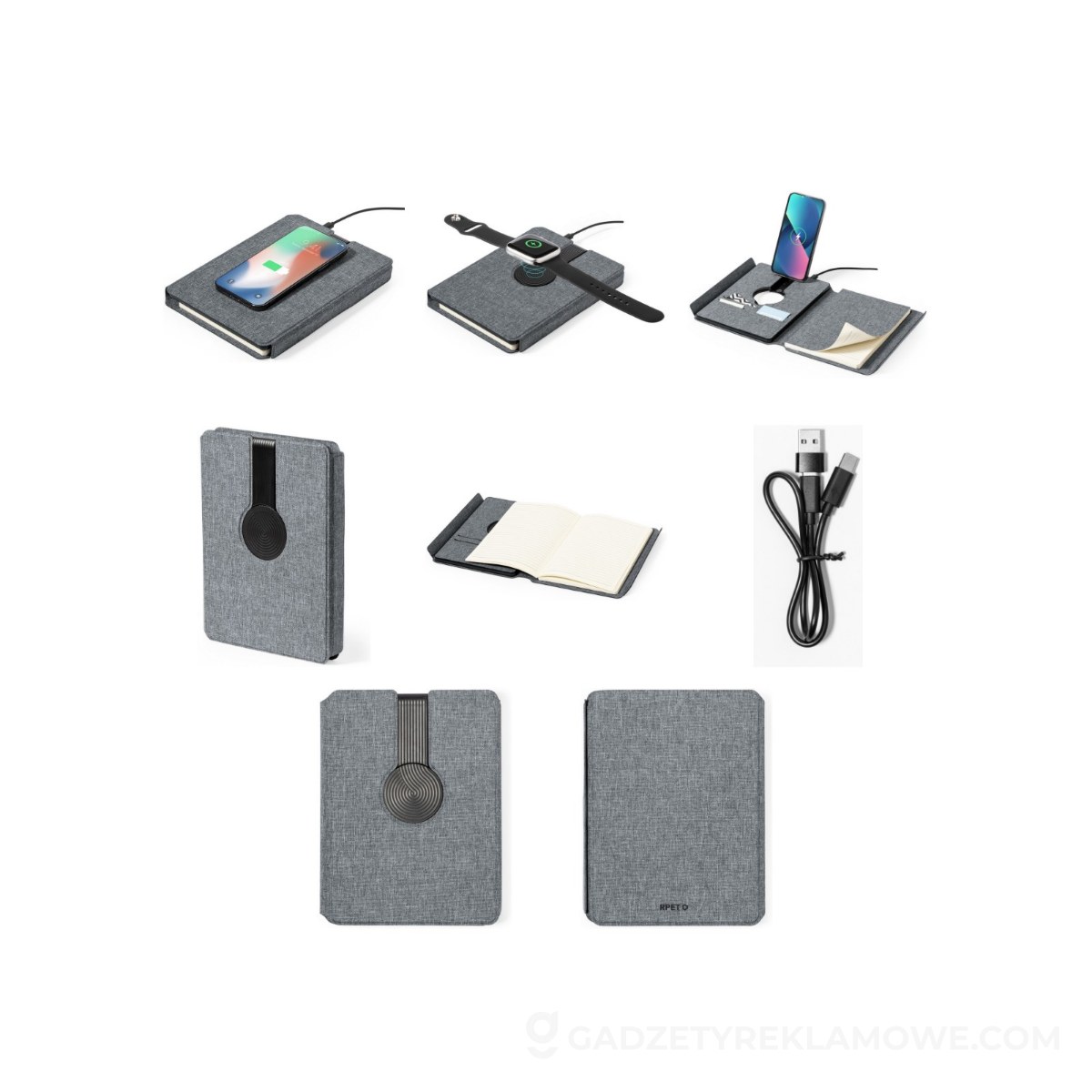 AXP-V1302-19-wariantu-watermark Wielofunkcyjny notatnik RPET A5, magnetyczna ładowarka bezprzewodowa 10W, power bank 5000 mAh - szary