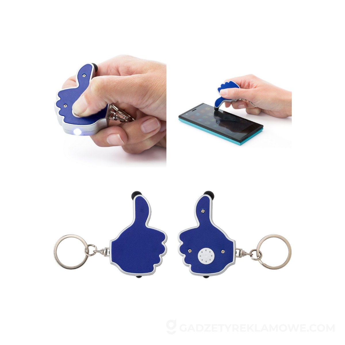Brelok do kluczy "kciuk", lampka LED, touch pen - granatowy
