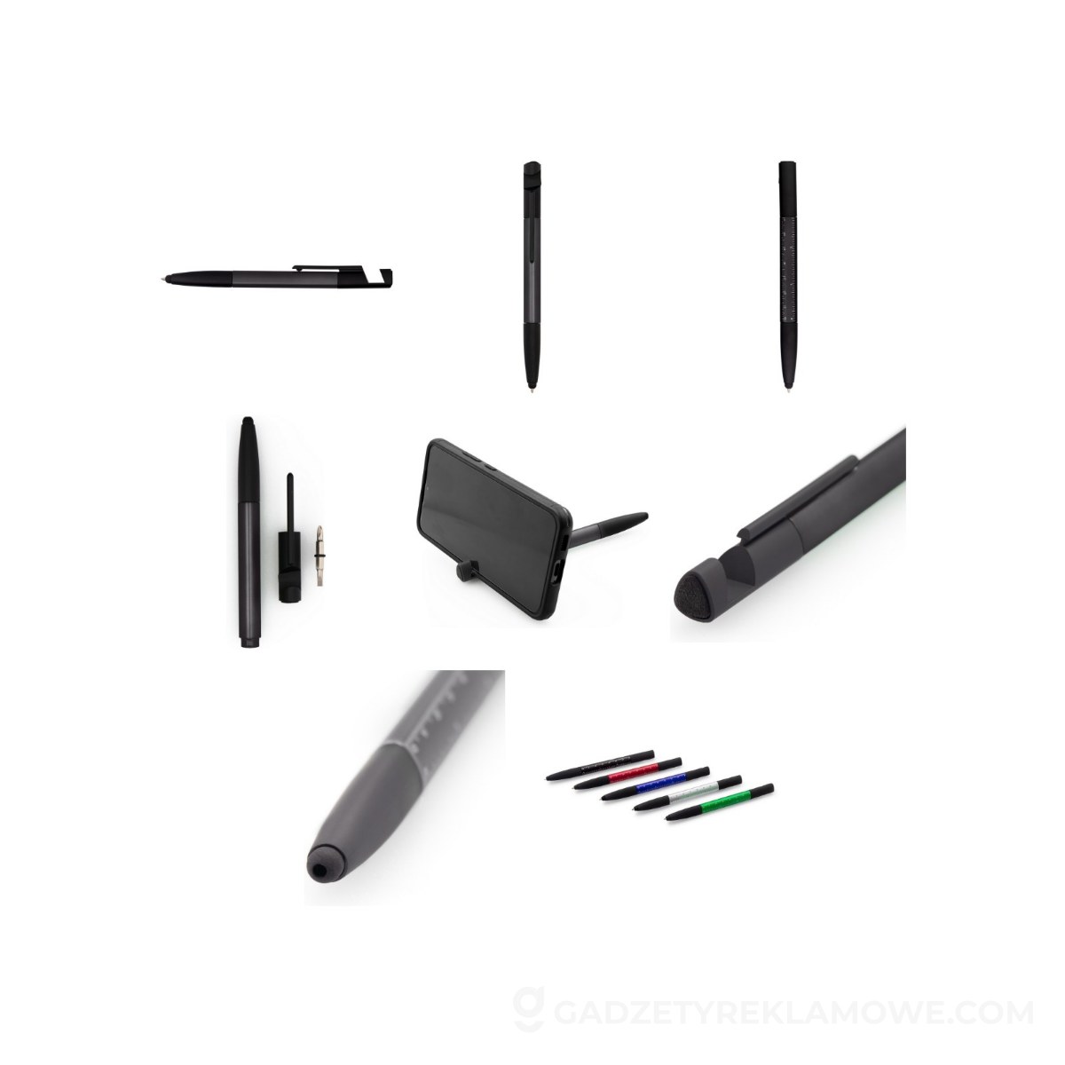 Długopis wielofunkcyjny, czyścik do ekranu, linijka, stojak na telefon, touch pen, śrubokręty - czarny