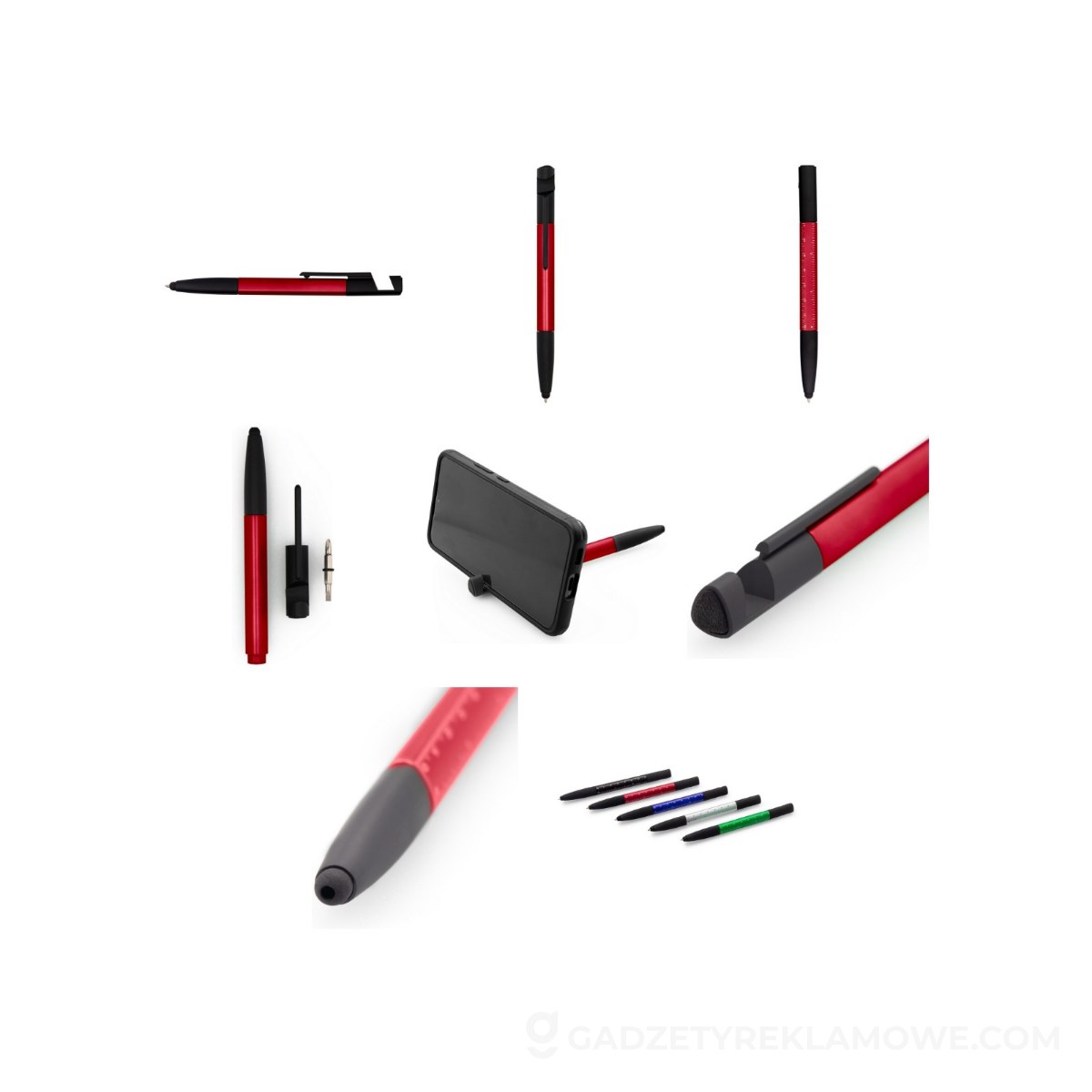 Długopis wielofunkcyjny, czyścik do ekranu, linijka, stojak na telefon, touch pen, śrubokręty - czerwony