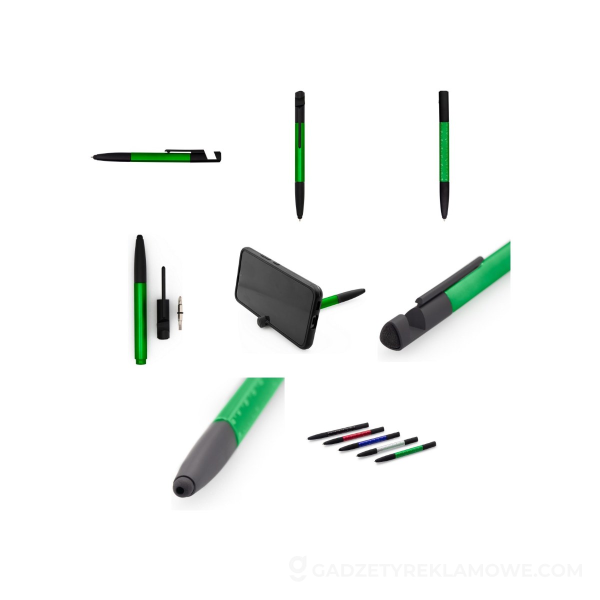 Długopis wielofunkcyjny, czyścik do ekranu, linijka, stojak na telefon, touch pen, śrubokręty - zielony