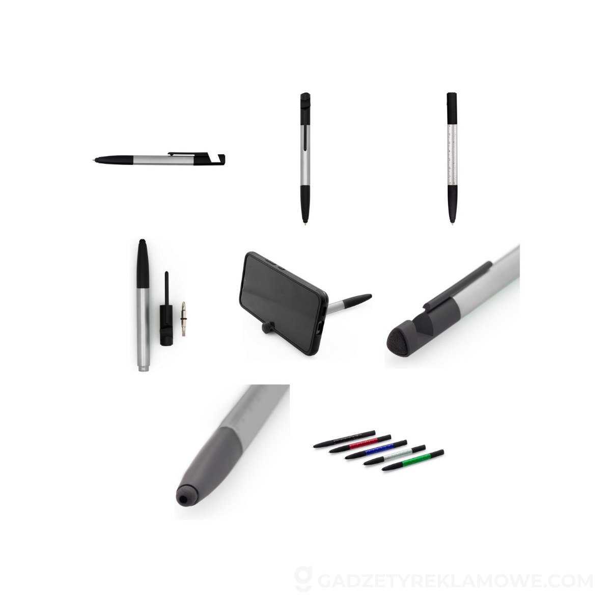 Długopis wielofunkcyjny, czyścik do ekranu, linijka, stojak na telefon, touch pen, śrubokręty - szary