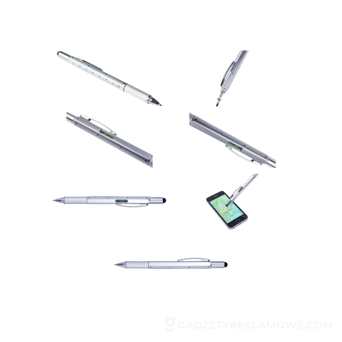 Długopis wielofunkcyjny, linijka, poziomica, touch pen - srebrny