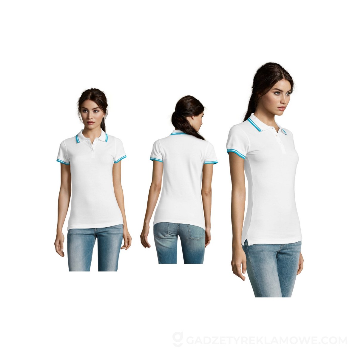 S00578-QU-XL-wariantu-watermark PASADENA damskie polo 200g PASADENA WOMEN - White/Aqua - XL