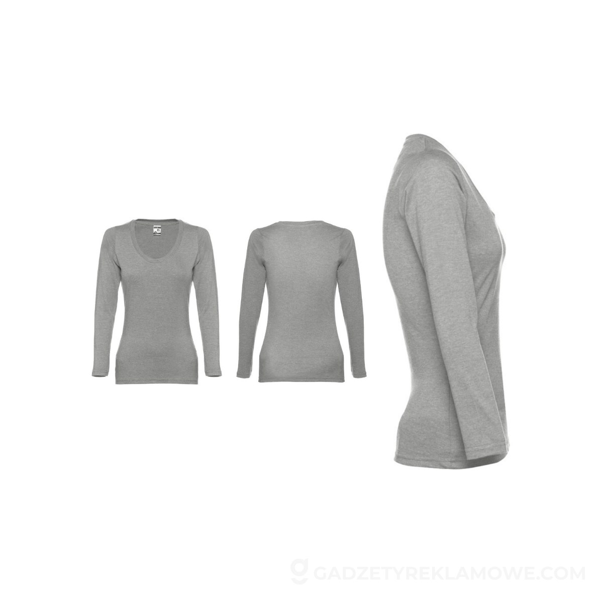 THC BUCHAREST WOMEN. Bawełniany T-shirt damski z długim rękawem taliowany - Jasnoszary melanż