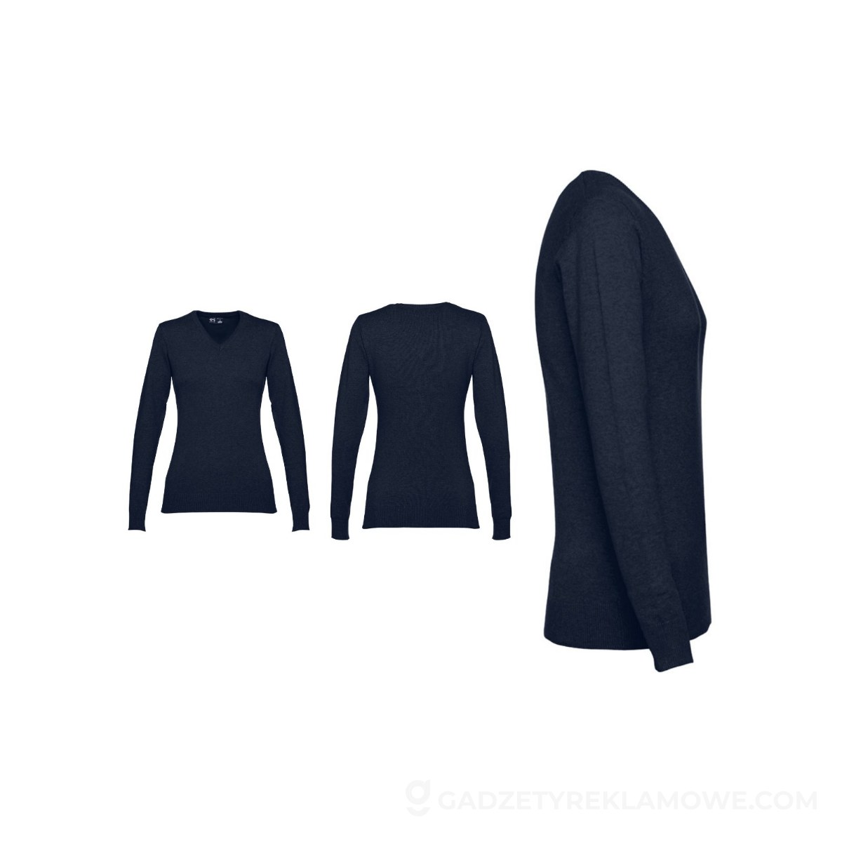 THC MILAN WOMEN. Damski sweter z dekoltem V-neck z bawełny i poliamidu - Granatowy