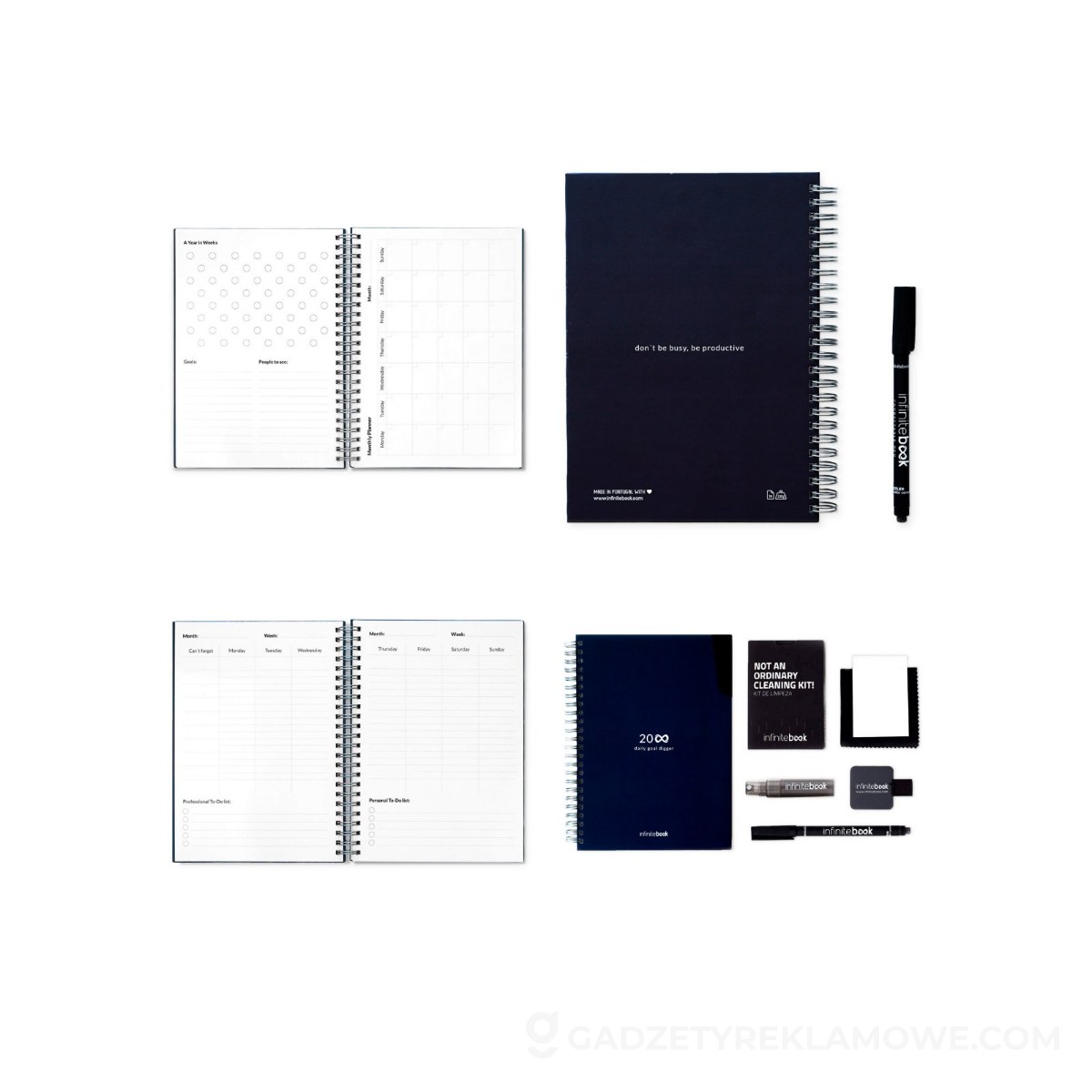 STARTER KIT INFINITE PLANNER A5. Zestaw zawiera „Infinite Diary”, zestaw do czyszczenia, marker i uchwyt na marker - Granatowy