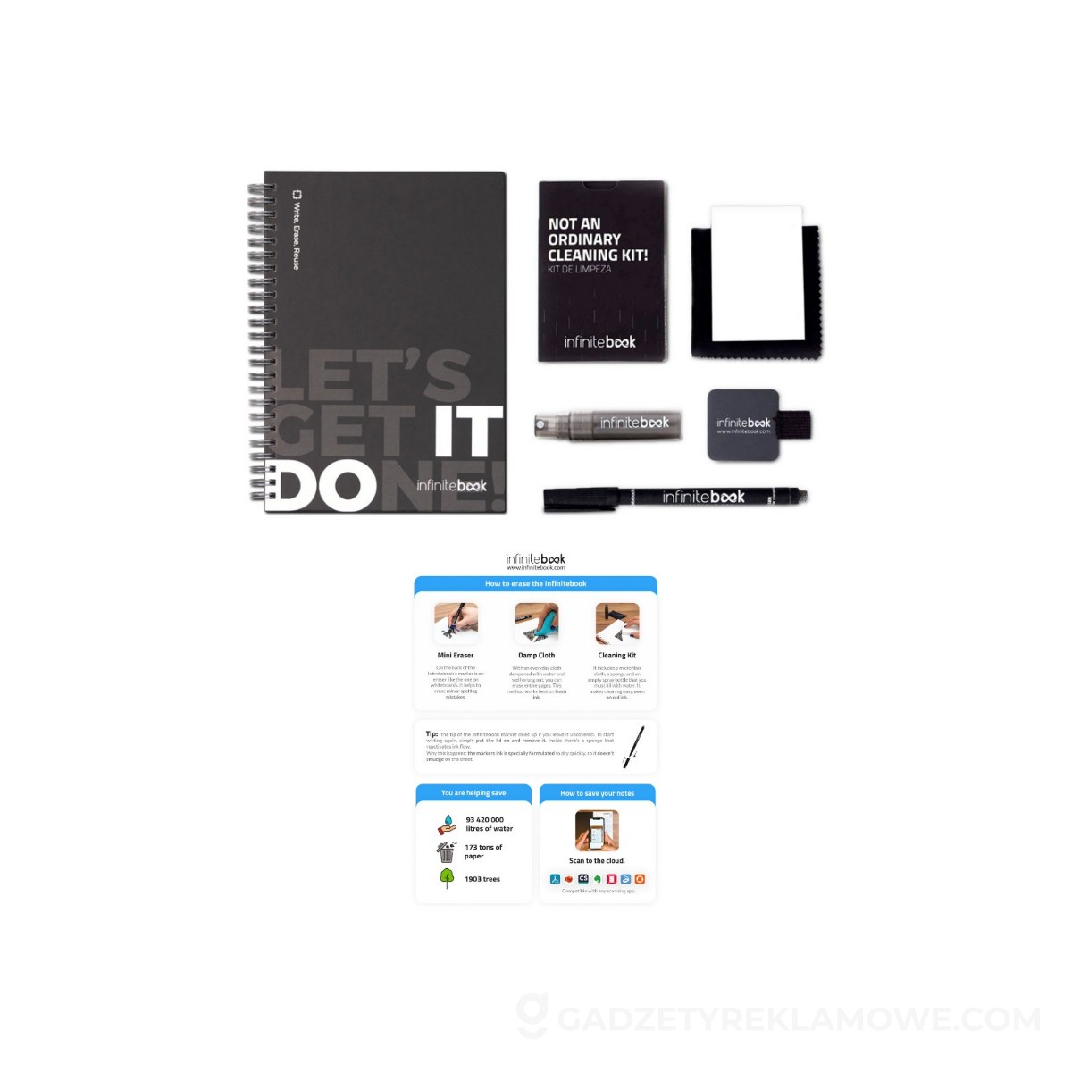STR-33211-103-wariantu-watermark STARTER KIT INFINITEBOOK. Zestaw „Infinitebook” w twardej oprawie, 1 zestaw do czyszczenia, 1 marker i 1 uchwyt na długopis - czarny