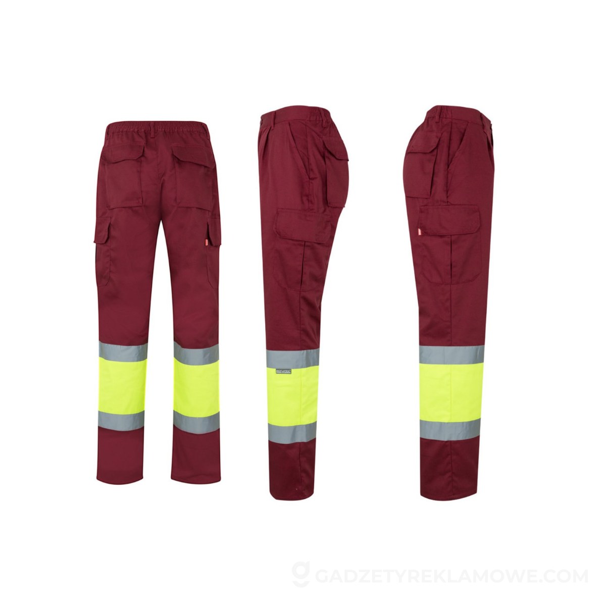 STR-36052-225-3XL-wariantu-watermark VL ATHENA. Dwukolorowe spodnie z diagonalu (210 g/m²), z podszewką, z wieloma kieszeniami, z bawełny (20%) i poliestru (80%) - Burgund/Żółte