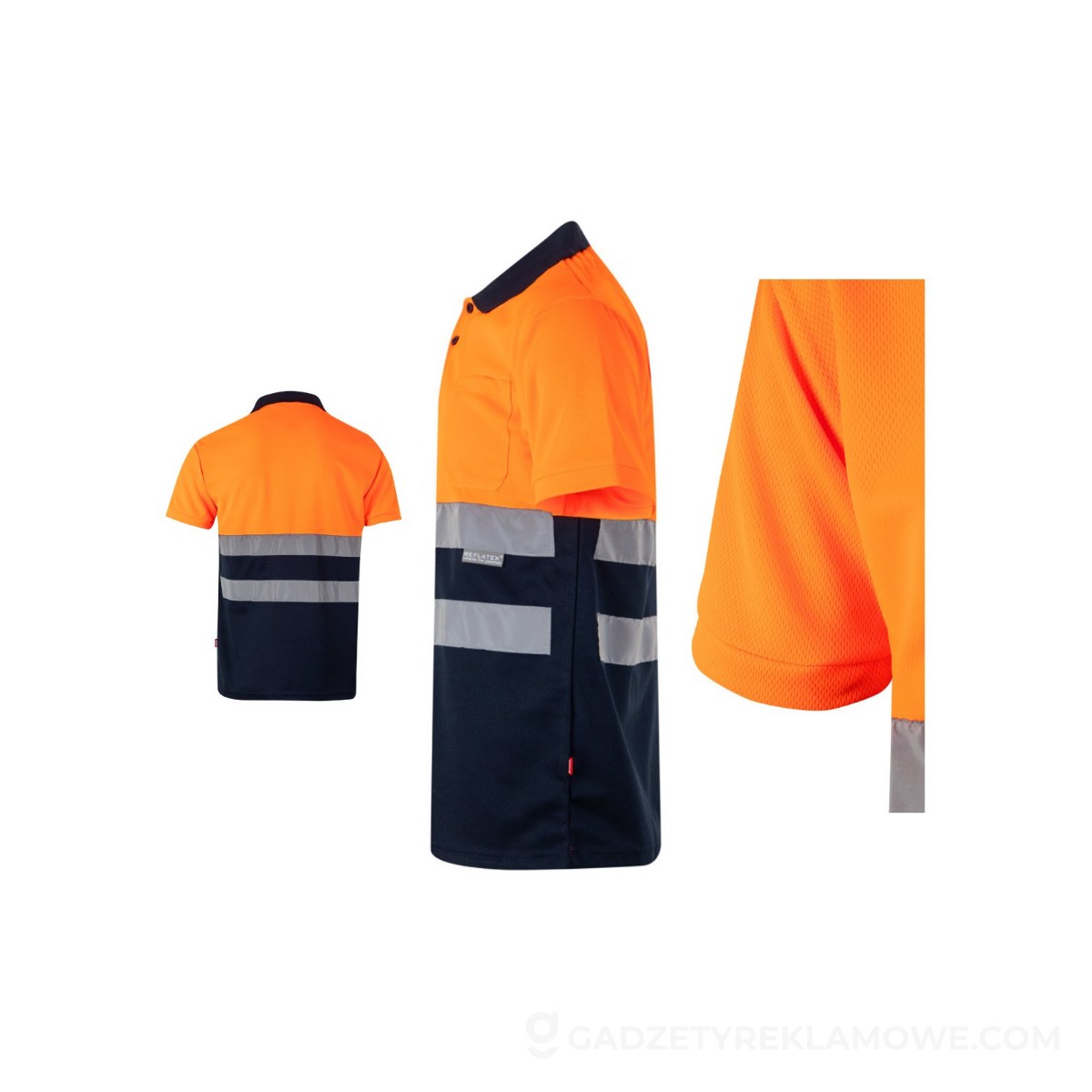 STR-36065-214-5XL-wariantu-watermark VL CUPID LARGE. Dwukolorowa koszulka polo w ptasie oczy (160 g/m²) z krótkim rękawem, poliester (100%) - Granatowa/Pomarańczowa