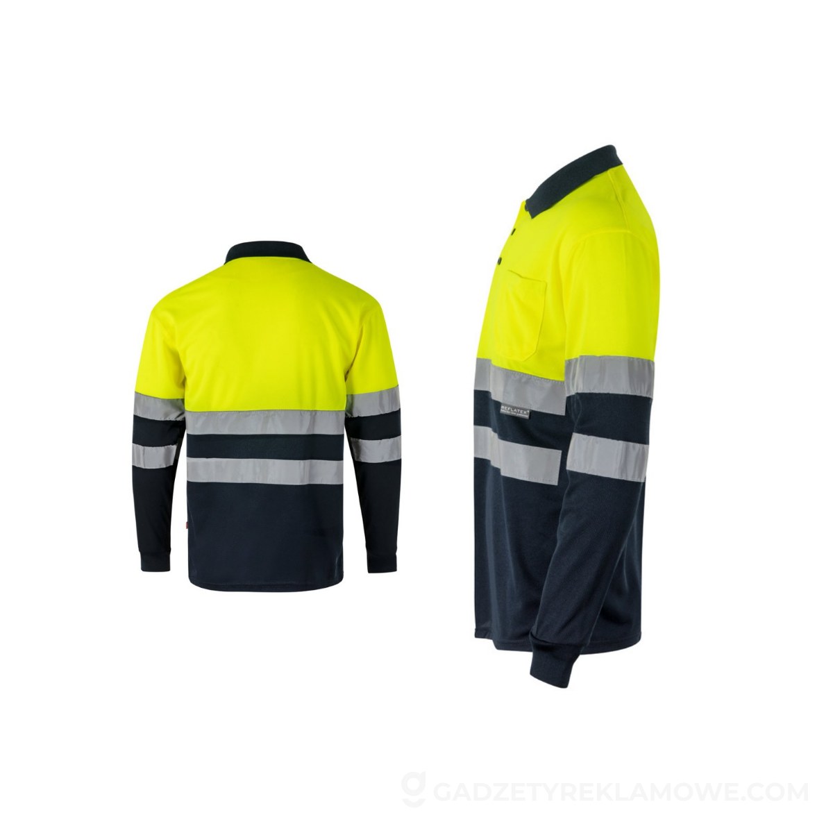 VL VULCAN. Dwukolorowa koszulka polo w ptasie oczy (160 g/m²) z długimi rękawami, z poliestru (100%) - Granatowa/Żółta