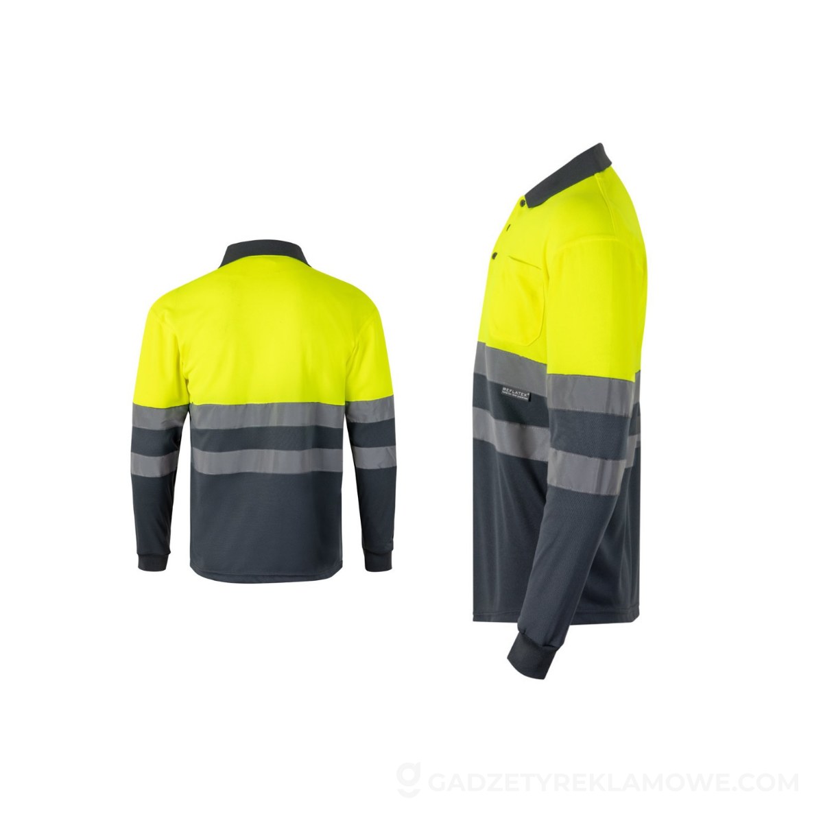VL VULCAN. Dwukolorowa koszulka polo w ptasie oczy (160 g/m²) z długimi rękawami, z poliestru (100%) - Szara/Żółta