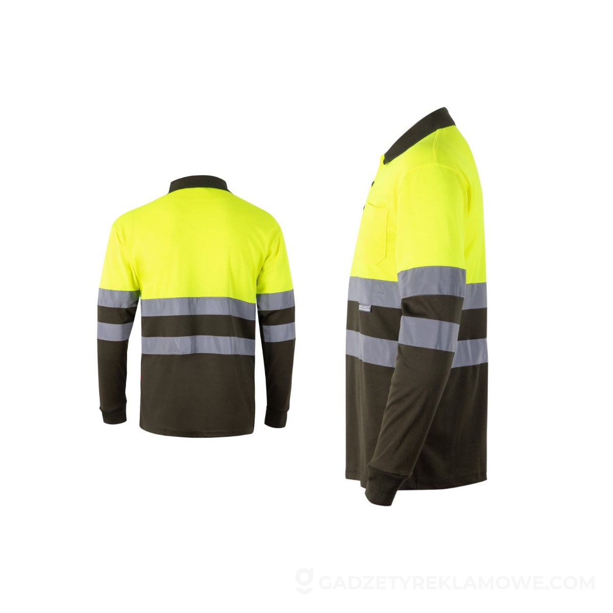VL VULCAN. Dwukolorowa koszulka polo w ptasie oczy (160 g/m²) z długimi rękawami, z poliestru (100%) - Wojskowa zielona/Żółta