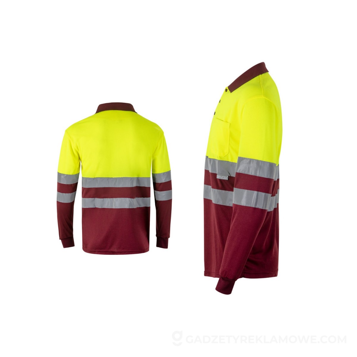 VL VULCAN. Dwukolorowa koszulka polo w ptasie oczy (160 g/m²) z długimi rękawami, z poliestru (100%) - Burgund/Żółta