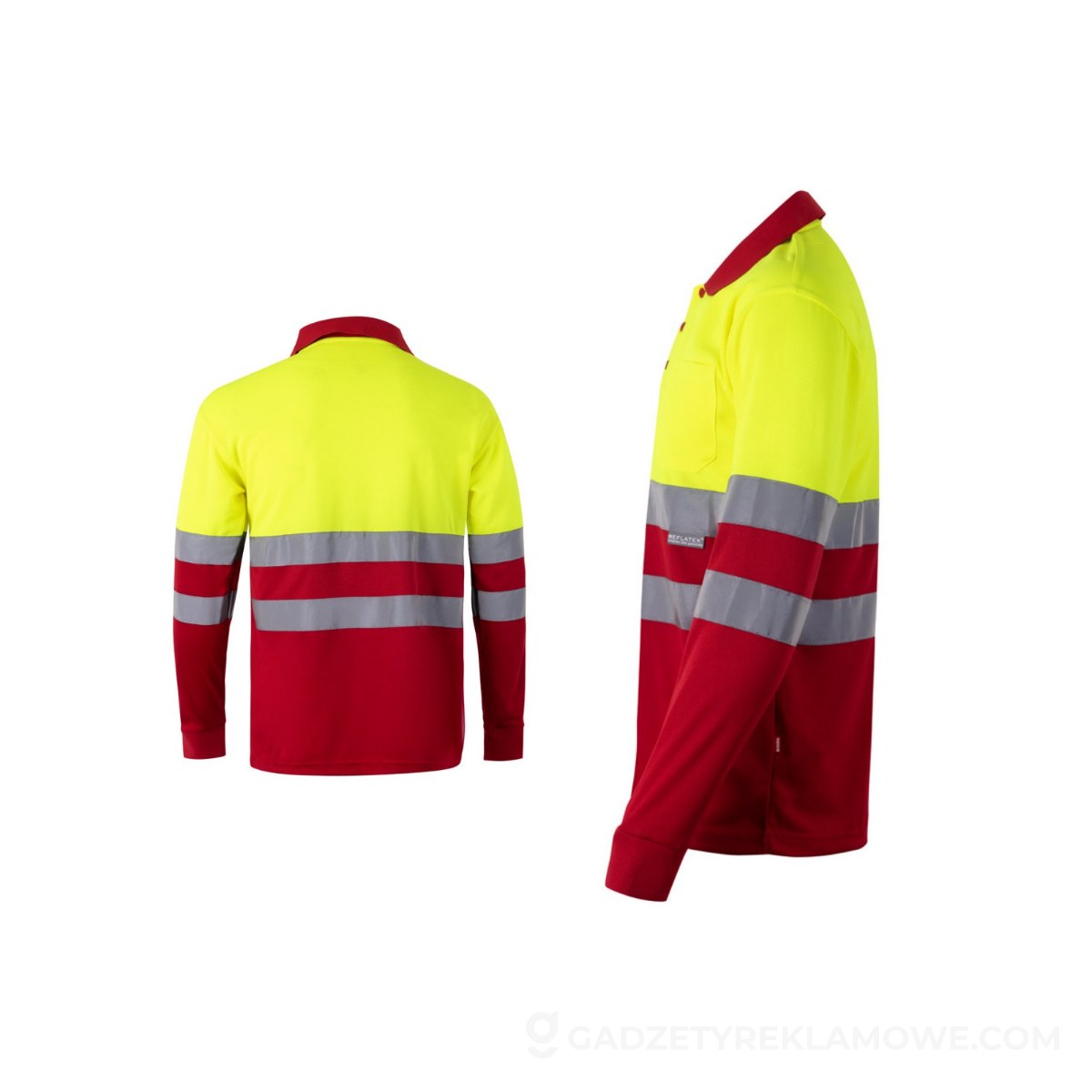 VL VULCAN LARGE. Dwukolorowa koszulka polo w ptasie oczy (160 g/m²) z długim rękawem, poliester (100%) - Czerwona/Żółta