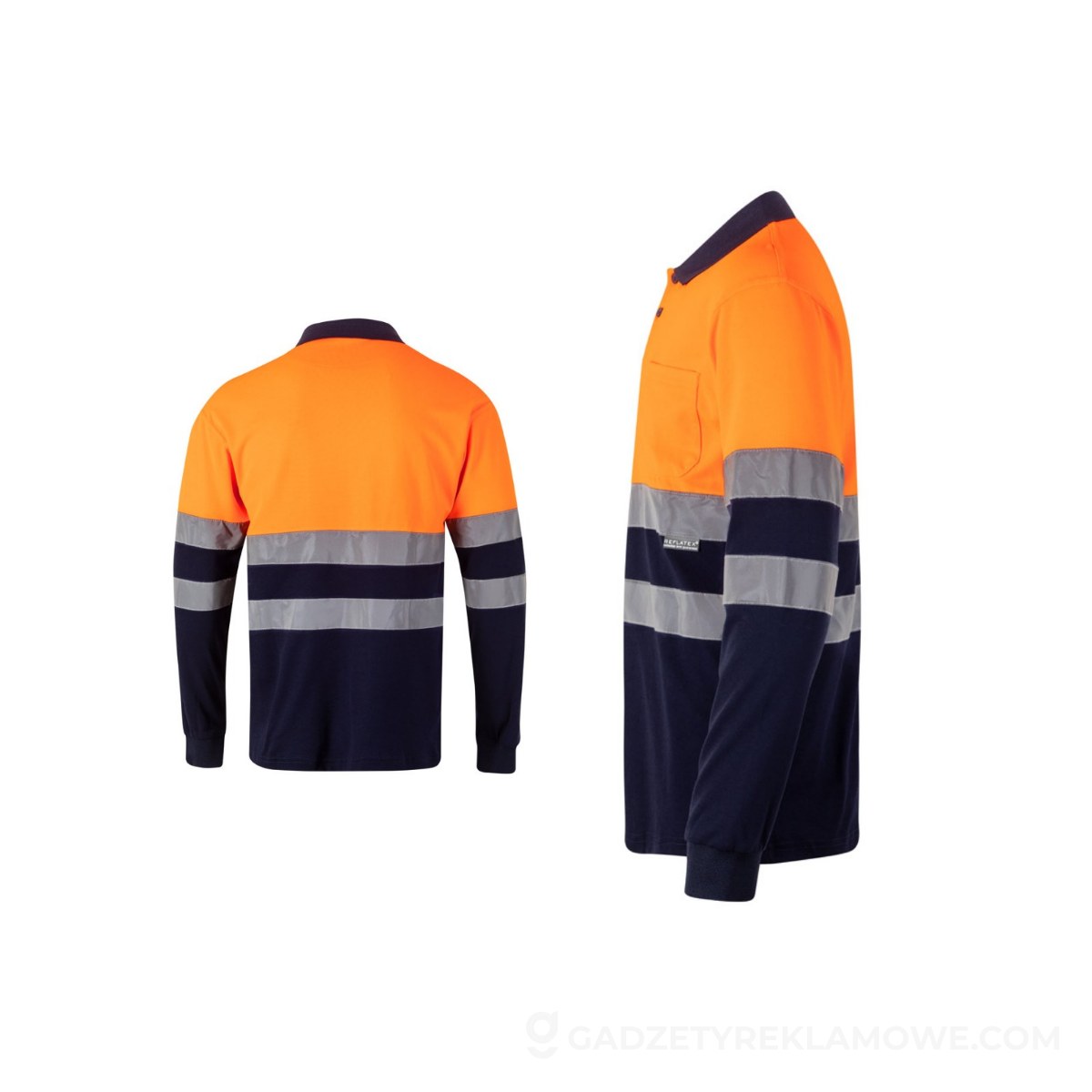 STR-36140-214-5XL-wariantu-watermark VL PLUTO LARGE. Dwukolorowa koszulka polo pikowana (150 g/m²) z długim rękawem, z bawełny (55%) i poliestru (45%) - Granatowa/Pomarańczowa