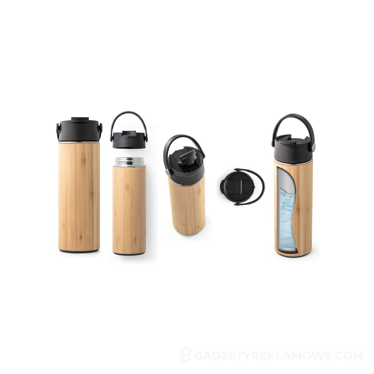 STR-94257-103-wariantu-watermark Butelka termiczna z bambusa, stali nierdzewnej i PP Laver 440 ml - Czarna