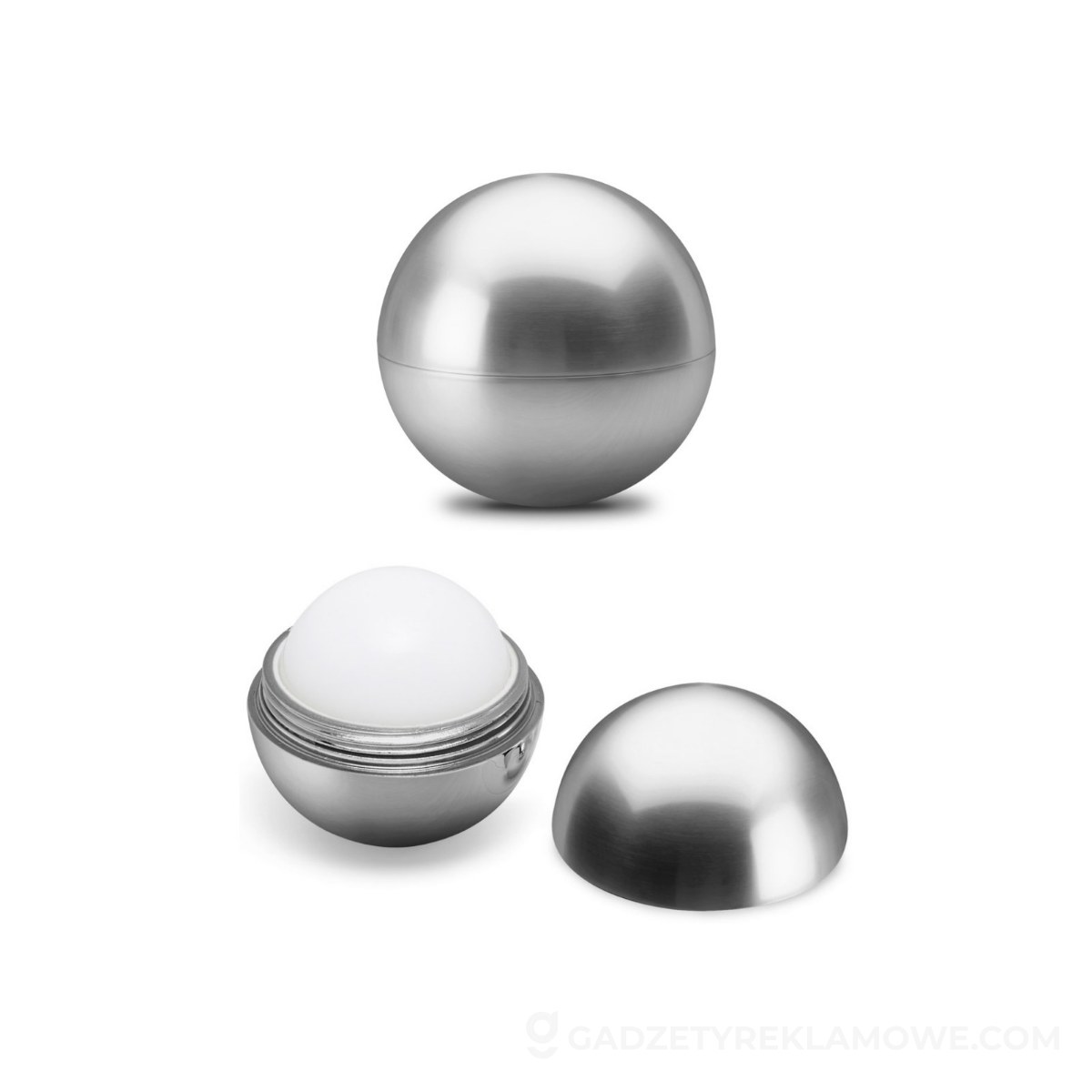 STR-94882-107-wariantu-watermark ALBA. Pomadka ochronna, w metalowym opakowaniu w formie kuli, z elementami z materiału ABS - Srebrna