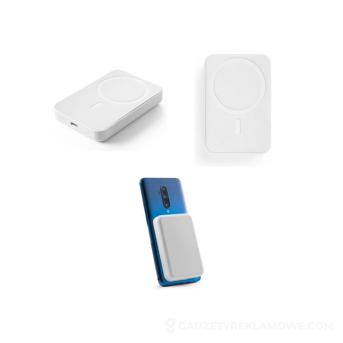 STR-97166-106-wariantu-watermark AMPERE 5. Magnetyczny power bank 5 000 mAh z superszybką ładowarką bezprzewodową 15 W wykonany w ABS pochodzącego z recyklingu (100% rABS) - Biały