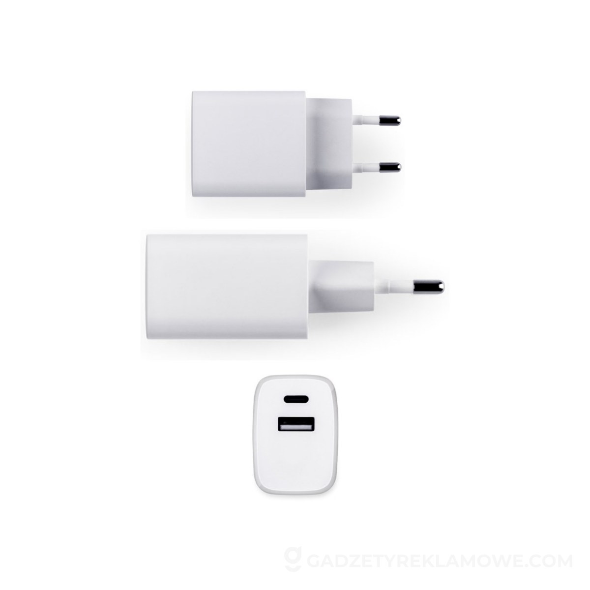 STR-97186-106-wariantu-watermark WEGENER. Zasilacz z portem USB-A 18W i USB-C 20W wykonany w ABS pochodzącego z recyklingu (100% rABS) - Biały