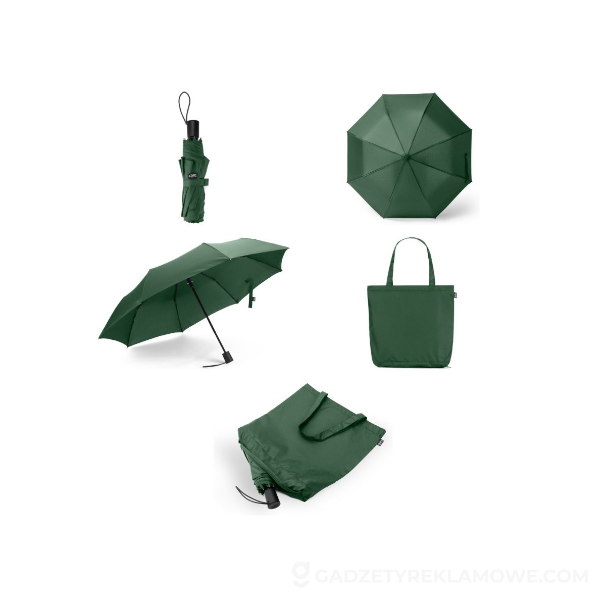 STR-99094-129-wariantu-watermark SKYLAR. Parasol 2 w 1 z torbą na zakupy z poliestru z recyklingu w zestawie - Ciemno zielony