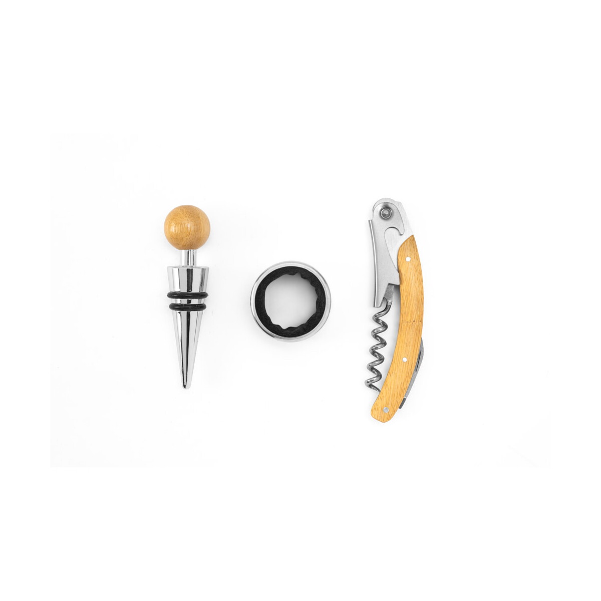 Gadżety do wina z logo – savory. zestaw do wina z bambusa i stali nierdzewnej – naturalny 94388_160-a SAVORY. Zestaw do wina z bambusa i stali nierdzewnej - Naturalny 94388_160-a