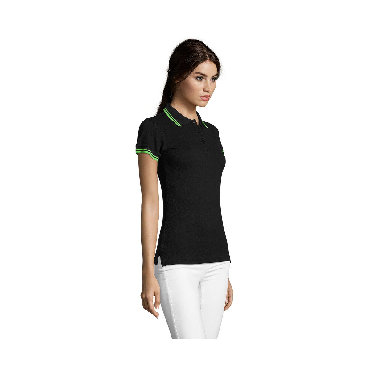 Koszulki polo z logo – pasadena damskie polo 200g pasadena women – czarna/limonka – xl s00578-bn-side PASADENA damskie polo 200g PASADENA WOMEN - Czarna/Limonka - XL s00578-bn-side