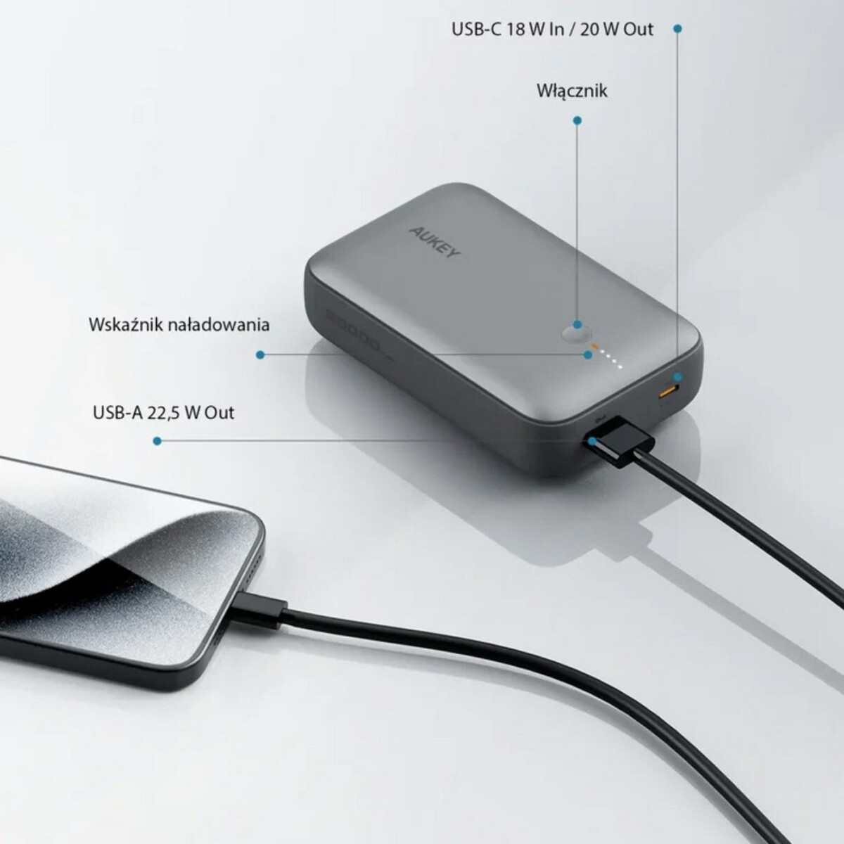 Powerbanki z logo – power bank 20000 mah aukey – grafitowy VAM14-15_ATM02 Power bank 20000 mAh Aukey - grafitowy VAM14-15_ATM02