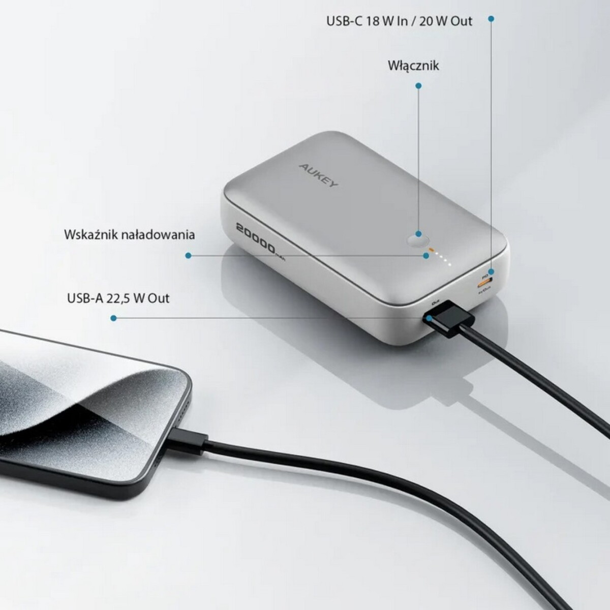 Powerbanki z logo – power bank 20000 mah aukey – srebrny VAM14-32_ATM03 Power bank 20000 mAh Aukey - srebrny VAM14-32_ATM03