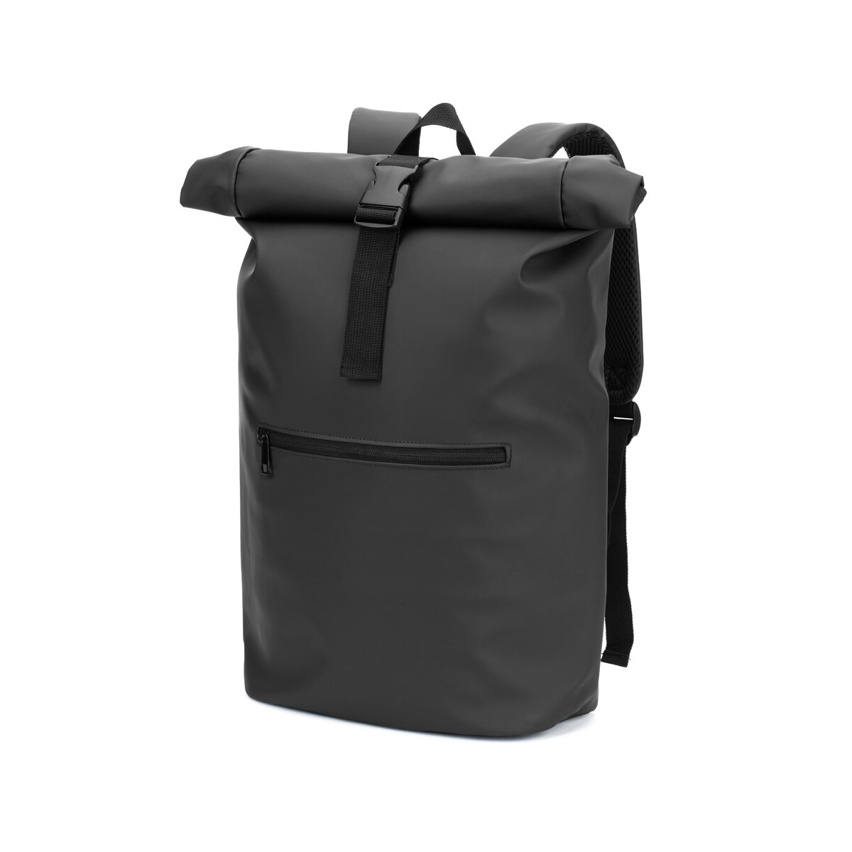 Torby na laptopa z logo – portland. plecak z poliuretanu z rolowaną górą i kieszenią na laptopa 16″ – czarny 92534_103 PORTLAND. Plecak z poliuretanu z rolowaną górą i kieszenią na laptopa 16