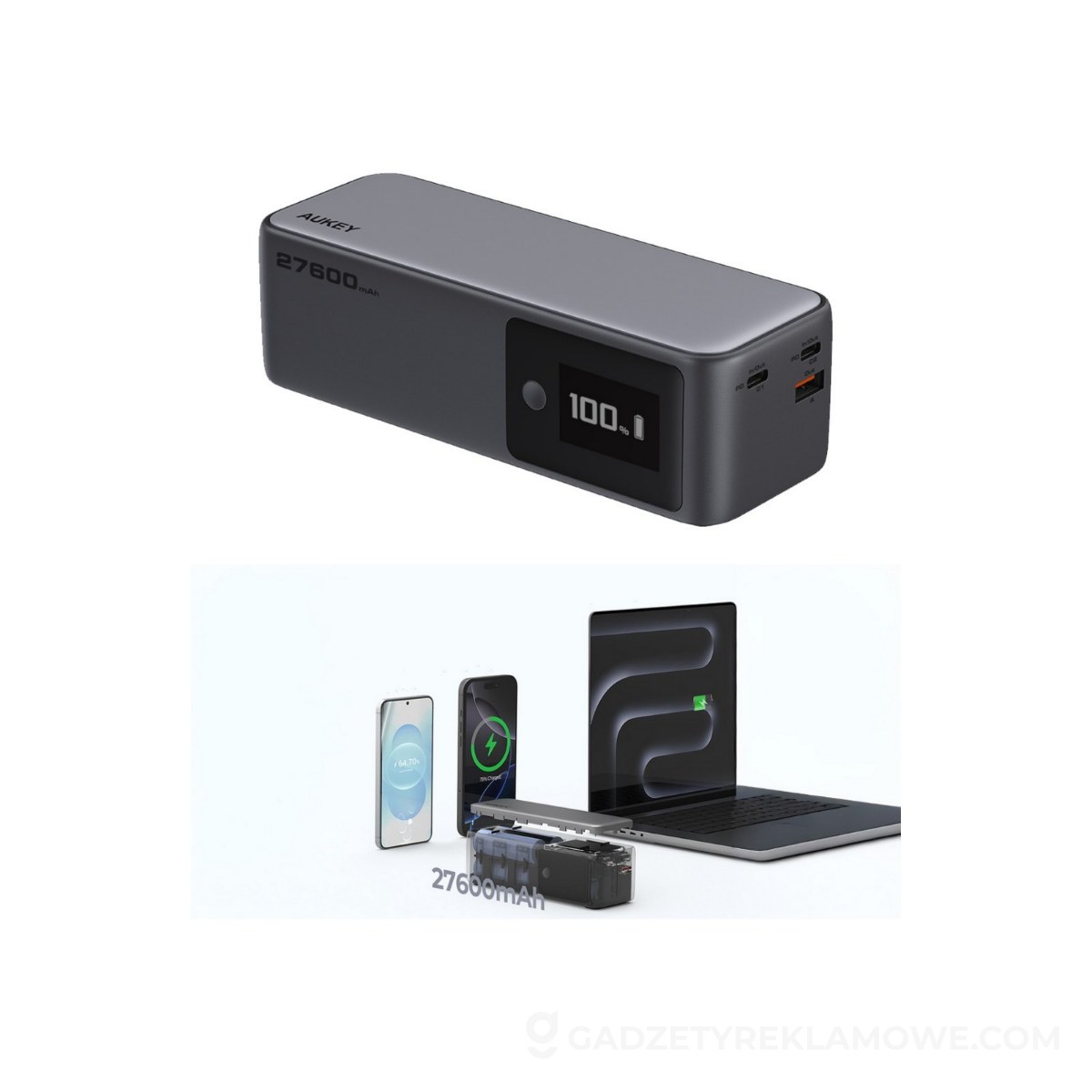 Power bank 27600 mAh, 140 W, Aukey - srebrny
